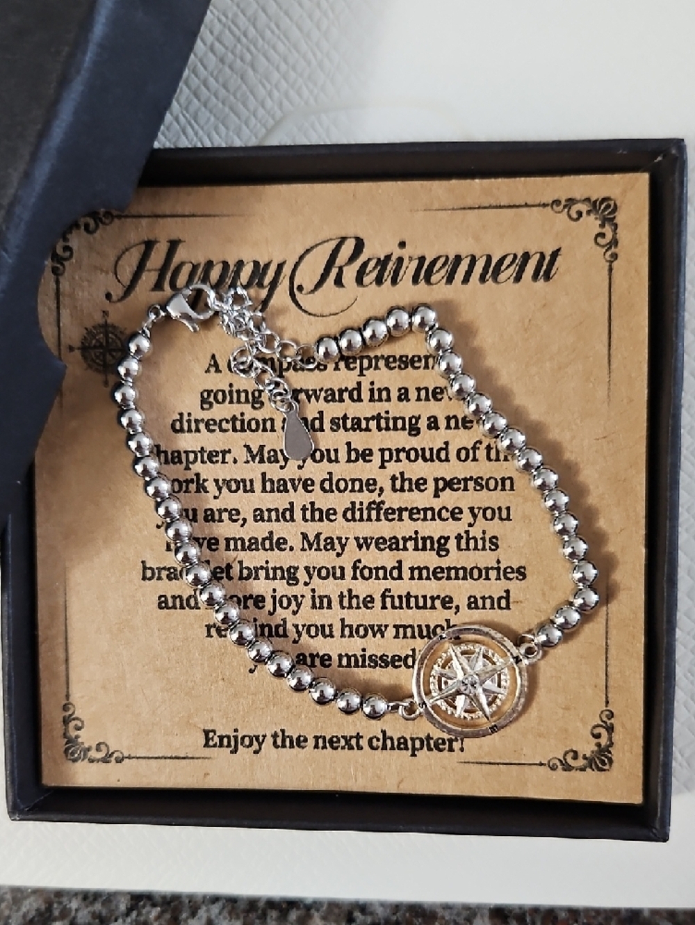 Compass Charm Silver Beaded "Happy Retirement" bracelet - Picture 4 of 5